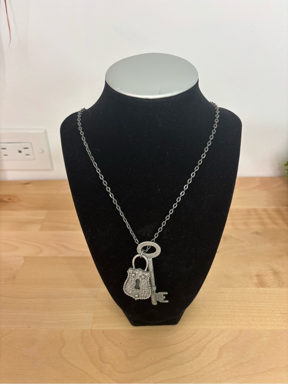 Gunmetal Silver Key and Padlock Pendant Necklace -
